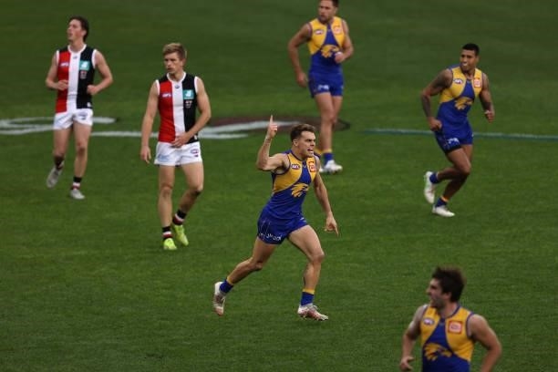 Zac Langdon of the Eagles celebrates a goal during the round 19 AFL match between West Coast Eagles and St Kilda Saints at Optus Stadium on July 24,...