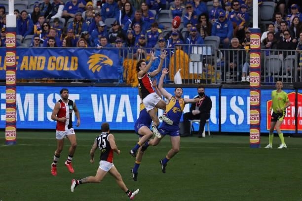 Max King of the Saints marks the ball during the round 19 AFL match between West Coast Eagles and St Kilda Saints at Optus Stadium on July 24, 2021...