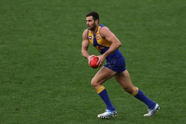 Jack Darling of the Eagles in action during the round 19 AFL match between West Coast Eagles and St Kilda Saints at Optus Stadium on July 24, 2021 in...
