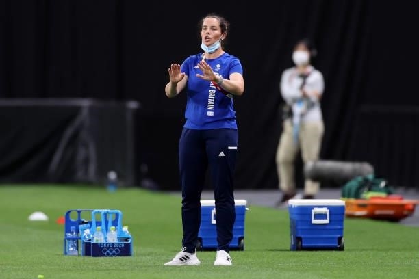 Hege Riise, Head Coach of Team Great Britain reacts during the Women's First Round Group E match between Japan and Great Britain on day one of the...