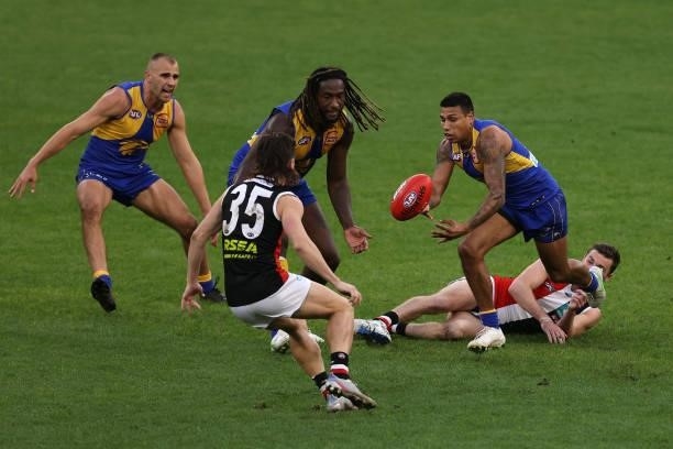 Tim Kelly of the Eagles in action during the round 19 AFL match between West Coast Eagles and St Kilda Saints at Optus Stadium on July 24, 2021 in...