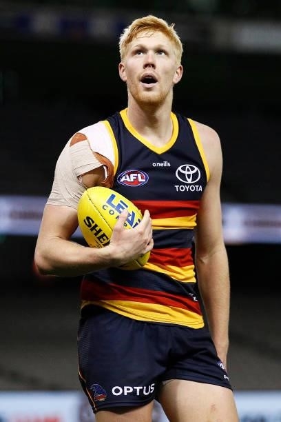 Elliott Himmelberg of the Crows looks on as he walks back to take a shot at goal during the round 20 AFL match between Adelaide Crows and Hawthorn...
