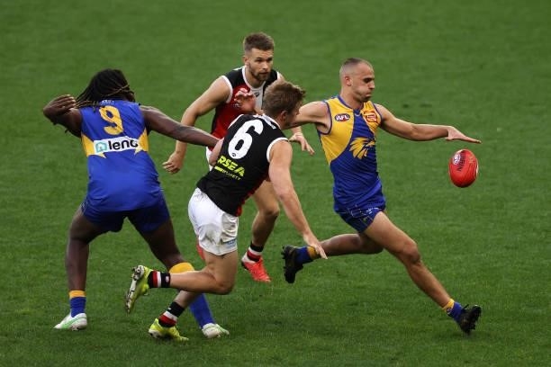 Dom Sheed of the Eagles in action during the round 19 AFL match between West Coast Eagles and St Kilda Saints at Optus Stadium on July 24, 2021 in...