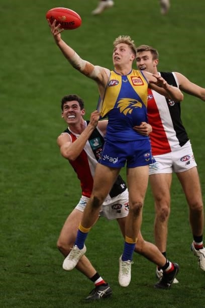 Oscar Allen of the Eagles contests for a mark against Oscar Clavarino of the Saints during the round 19 AFL match between West Coast Eagles and St...