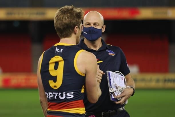 Adelaide Coach Matthew Nicks is seen with Rory Sloane post match during the round 20 AFL match between Adelaide Crows and Hawthorn Hawks at Marvel...