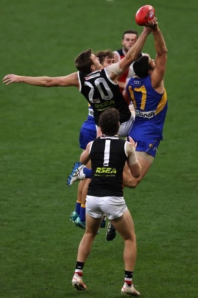 Dougal Howard of the Saints and Josh J. Kennedy of the Eagles contest for a mark during the round 19 AFL match between West Coast Eagles and St Kilda...