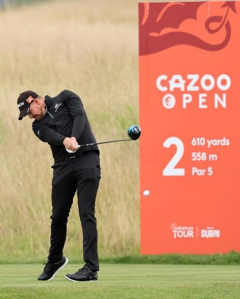Jacques Kruyswijk of South Africa tees off on the second hole during the third round of the Cazoo Open supported by Gareth Bale at Celtic Manor...