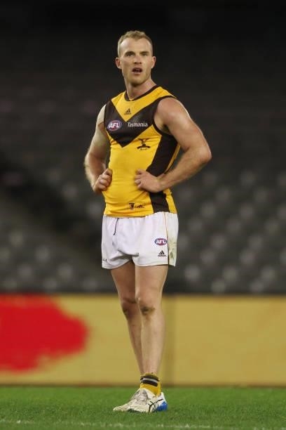 Tom Mitchell of the Hawks is pictured at the final siren during the round 20 AFL match between Adelaide Crows and Hawthorn Hawks at Marvel Stadium on...