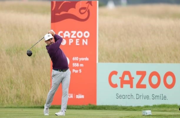 Mikko Korhonen of Finland tees off on the second hole during the third round of the Cazoo Open supported by Gareth Bale at Celtic Manor Resort on...