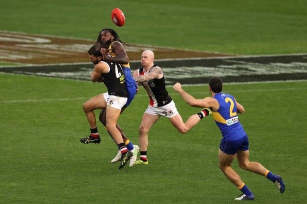 Ben Long of the Saints bumps Nic Naitanui of the Eagles during the round 19 AFL match between West Coast Eagles and St Kilda Saints at Optus Stadium...