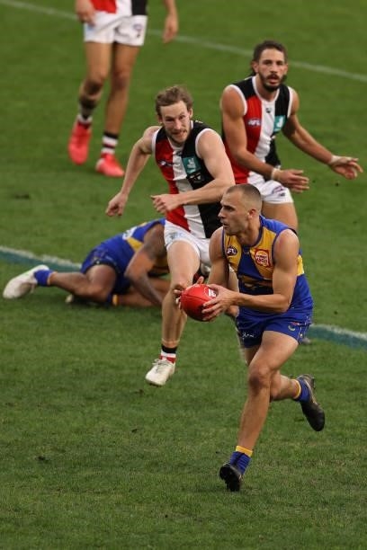 Dom Sheed of the Eagles in action during the round 19 AFL match between West Coast Eagles and St Kilda Saints at Optus Stadium on July 24, 2021 in...
