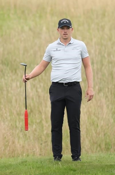 Matt Wallace of England looks on from the first green during the third round of the Cazoo Open supported by Gareth Bale at Celtic Manor Resort on...