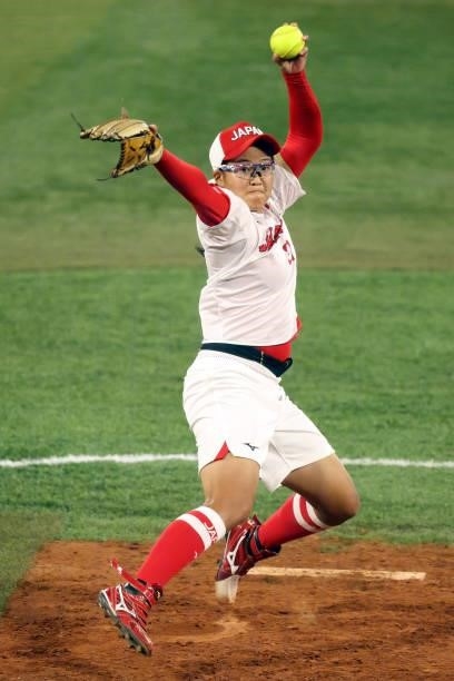 Miu Goto of Team Japan pitches in the fourth inning against Team Italy during the Softball Opening Round on day one of the Tokyo 2020 Olympic Games...