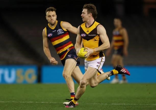 Lachlan Bramble of the Hawks in action during the round 20 AFL match between Adelaide Crows and Hawthorn Hawks at Marvel Stadium on July 24, 2021 in...