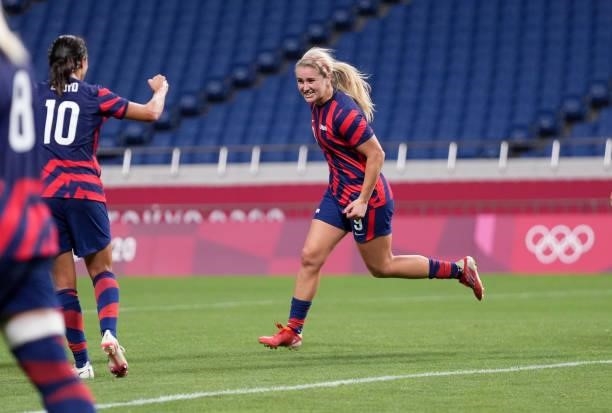 Lindsey Horan of the Team United States scores her goal and celebrates during a game between New Zealand and USWNT at Saitama Stadium on July 24,...