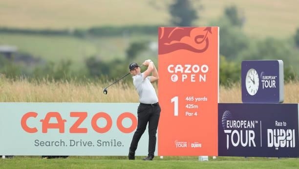 Matt Wallace of England tees off on the first hole during the third round of the Cazoo Open supported by Gareth Bale at Celtic Manor Resort on July...