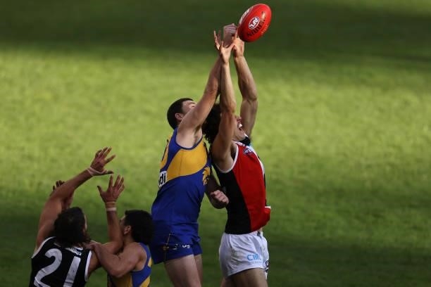 Max King of the Saints contests for a mark against Jeremy McGovern of the Eagles during the round 19 AFL match between West Coast Eagles and St Kilda...