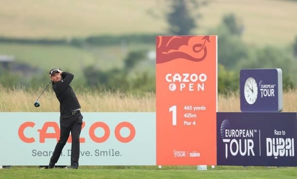 Jacques Kruyswijk of South Africa tees off on the first hole during the third round of the Cazoo Open supported by Gareth Bale at Celtic Manor Resort...