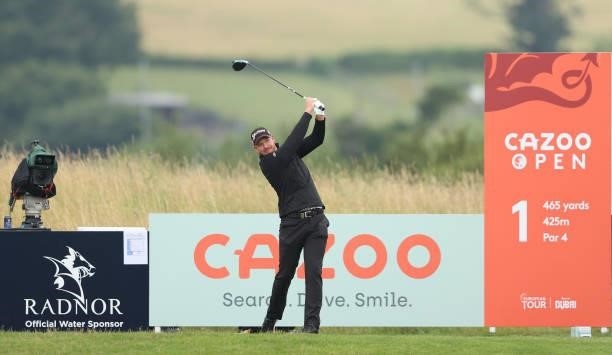 Jacques Kruyswijk of South Africa tees off on the first hole during the third round of the Cazoo Open supported by Gareth Bale at Celtic Manor Resort...