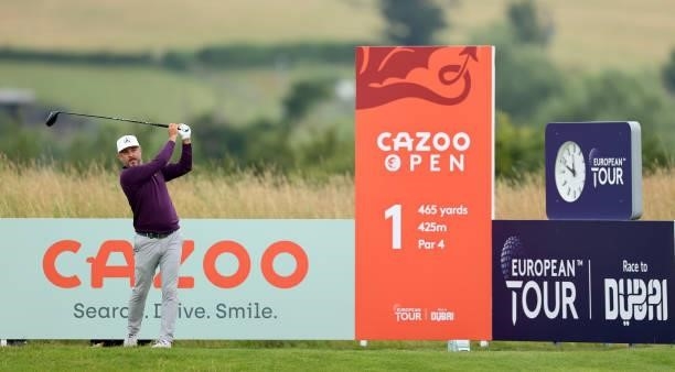 Mikko Korhonen of Finland tees off on the first hole during the third round of the Cazoo Open supported by Gareth Bale at Celtic Manor Resort on July...