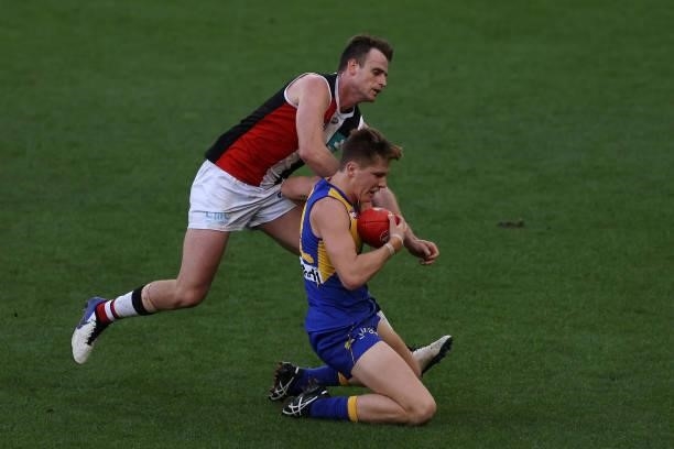 Harry Edwards of the Eagles against Paul Hunter of the Saints during the round 19 AFL match between West Coast Eagles and St Kilda Saints at Optus...