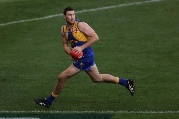 Jeremy McGovern of the Eagles in action during the round 19 AFL match between West Coast Eagles and St Kilda Saints at Optus Stadium on July 24, 2021...
