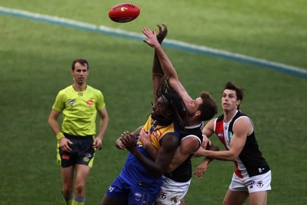 Nic Naitanui of the Eagles and Paul Hunter of the Saints contest the ruck during the round 19 AFL match between West Coast Eagles and St Kilda Saints...