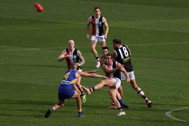 Luke Dunstan of the Saints in action during the round 19 AFL match between West Coast Eagles and St Kilda Saints at Optus Stadium on July 24, 2021 in...