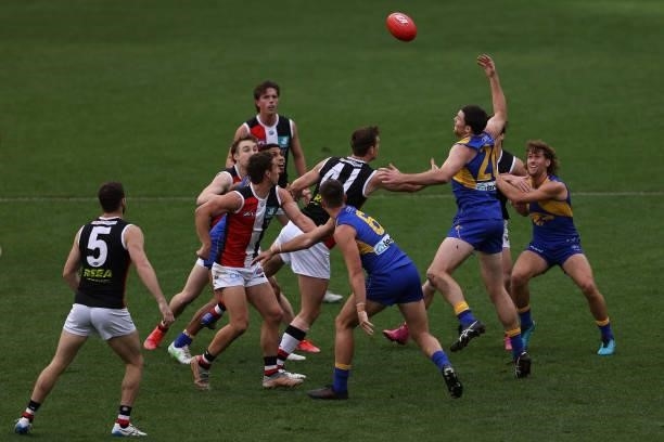 Paul Hunter of the Saints and Jeremy McGovern of the Eagles contest the ruck during the round 19 AFL match between West Coast Eagles and St Kilda...