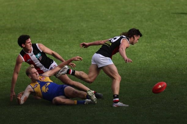 Jack Sinclair of the Saints runs onto a loose ball during the round 19 AFL match between West Coast Eagles and St Kilda Saints at Optus Stadium on...
