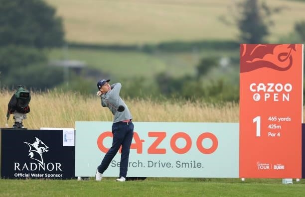 Chase Hanna of the United States tees off on the first hole during the third round of the Cazoo Open supported by Gareth Bale at Celtic Manor Resort...