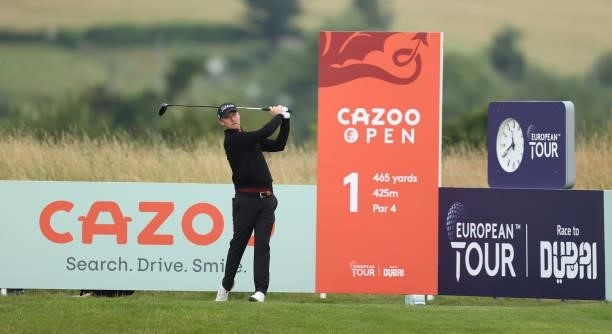 Justin Harding of South Africa tees off on the first hole during the third round of the Cazoo Open supported by Gareth Bale at Celtic Manor Resort on...