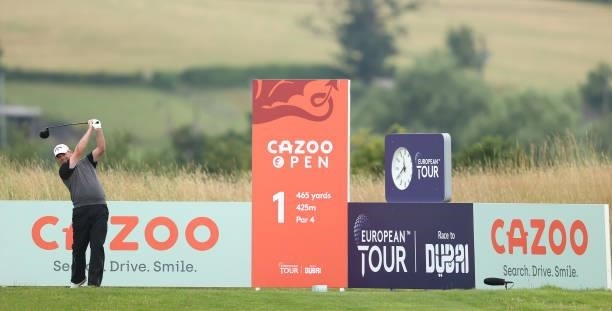 David Drysdale of Scotland tees off on the first hole during the third round of the Cazoo Open supported by Gareth Bale at Celtic Manor Resort on...