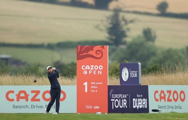 Romain Wattel of France tees off on the first hole during the third round of the Cazoo Open supported by Gareth Bale at Celtic Manor Resort on July...