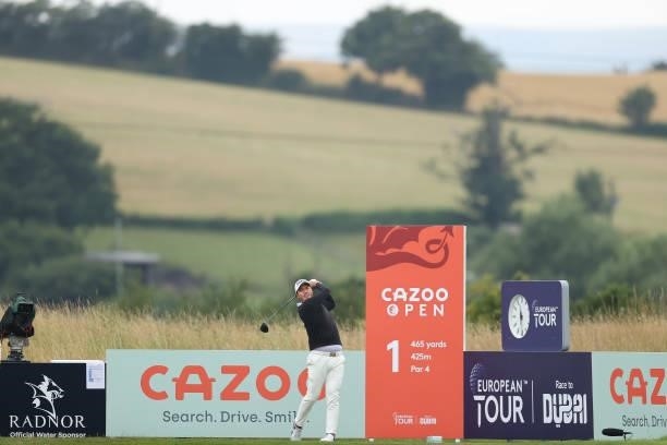 Shiwan Kim of the United States tees off on the first hole during the third round of the Cazoo Open supported by Gareth Bale at Celtic Manor Resort...