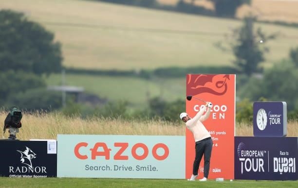 Sam Horsfield of England tees off on the first hole during the third round of the Cazoo Open supported by Gareth Bale at Celtic Manor Resort on July...