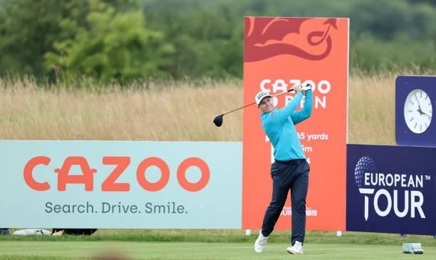 Calum Hill of Scotland tees off on the first hole during the third round of the Cazoo Open supported by Gareth Bale at Celtic Manor Resort on July...