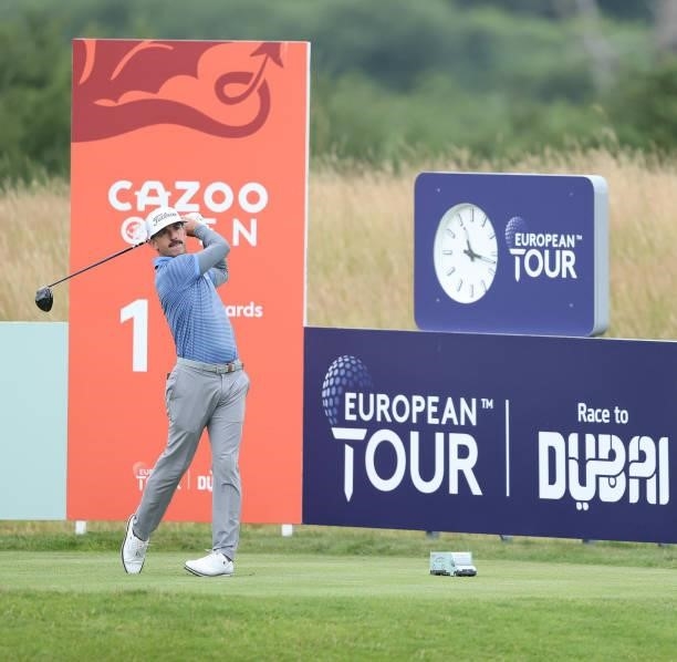 Wade Ormsby of Australia tees off on the first hole during the third round of the Cazoo Open supported by Gareth Bale at Celtic Manor Resort on July...