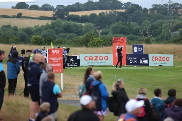 Brad Kennedy of Australia tees off on the first hole during the third round of the Cazoo Open supported by Gareth Bale at Celtic Manor Resort on July...