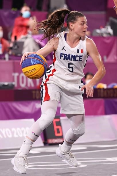 Marie-Eve Paget of Team France controls the ball during the Women's Pool Round match between France and Italy on day one of the Tokyo 2020 Olympic...