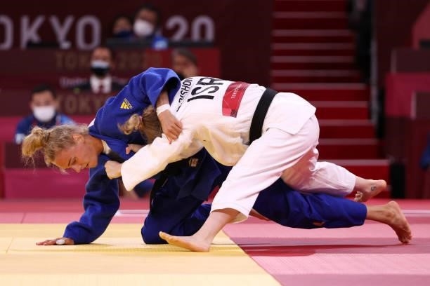 Shira Rishony of Team Israel and Daria Bilodid of Team Ukraine compete during the Women’s Judo 48kg Contest for Bronze Medal A on day one of the...