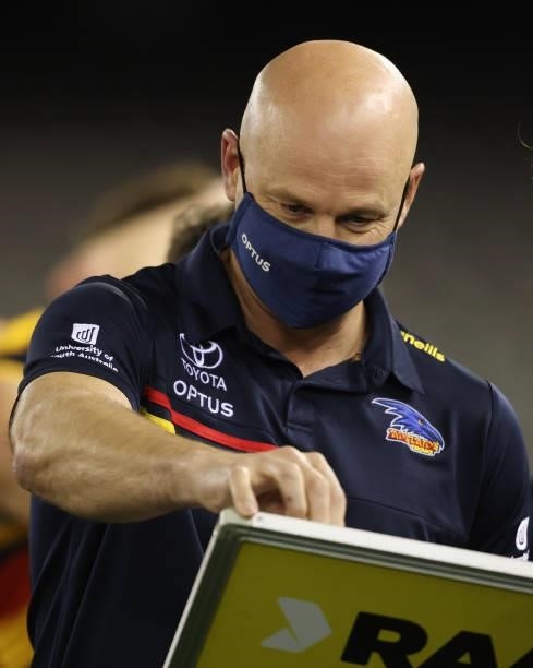Adelaide Coach Matthew Nicks at the three quarter time break during the round 20 AFL match between Adelaide Crows and Hawthorn Hawks at Marvel...