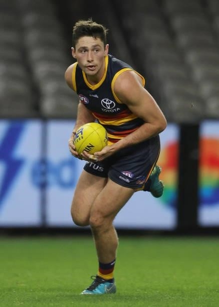 Chayce Jones of the Crows in action during the round 20 AFL match between Adelaide Crows and Hawthorn Hawks at Marvel Stadium on July 24, 2021 in...