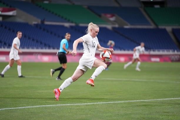 Betsy Hassett of New Zealand moves with the ball during a game between New Zealand and USWNT at Saitama Stadium on July 24, 2021 in Saitama, Japan.