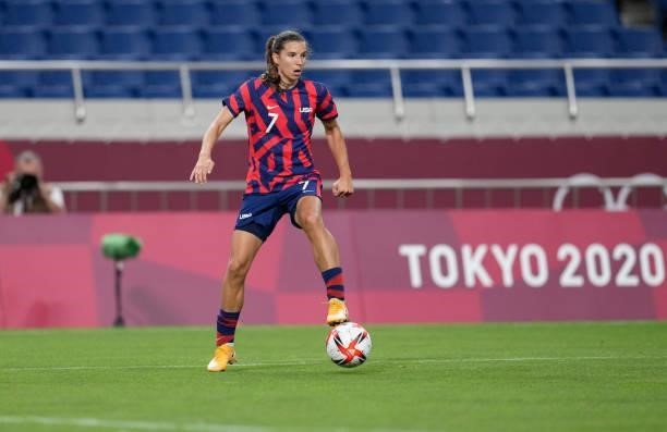 Tobin Heath of the United States moves towards the box during a game between New Zealand and USWNT at Saitama Stadium on July 24, 2021 in Saitama,...
