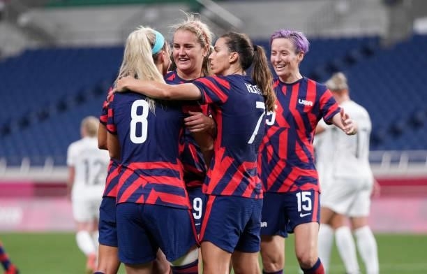 Lindsey Horan of the United States scores and celebrates during a game between New Zealand and USWNT at Saitama Stadium on July 24, 2021 in Saitama,...