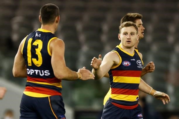 Rory Laird of the Crows celebrates a goal during the round 20 AFL match between Adelaide Crows and Hawthorn Hawks at Marvel Stadium on July 24, 2021...