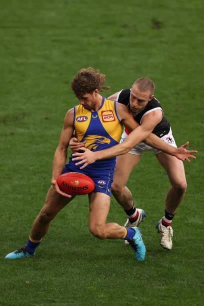 Connor West of the Eagles and Callum Wilkie of the Saints contest for the ball during the round 19 AFL match between West Coast Eagles and St Kilda...