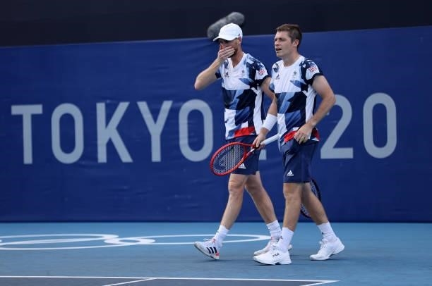 Neal Skupski of Team Great Britain and Jamie Murray of Team Great Britain during their Men's Doubles First Round match against Andres Molteni of Team...