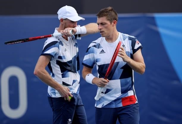 Neal Skupski of Team Great Britain and Jamie Murray of Team Great Britain during their Men's Doubles First Round match against Andres Molteni of Team...